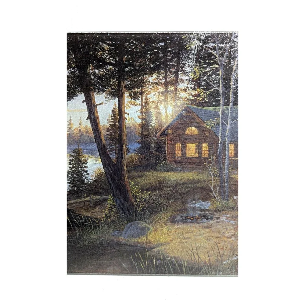 Rivers Edge Cabin on Lake Tempered Glass Cutting Board Cabin Rustic Kitchen NEW
